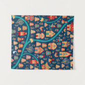 鳥の目から見る。家，森，ドワーフ，熊，キツネ タペストリー (正面(横))