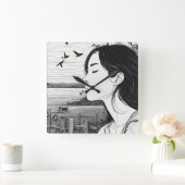 鳥の目を閉じた壁時計を見ている人 スクエア壁時計 (ホーム)