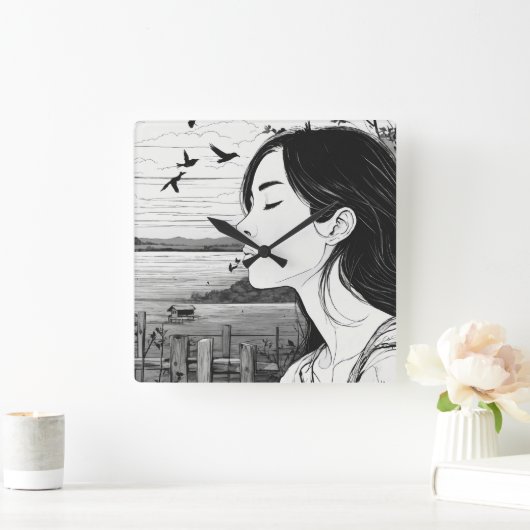 鳥の目を閉じた壁時計を見ている人 スクエア壁時計 (ホーム)