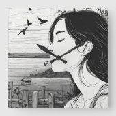 鳥の目を閉じた壁時計を見ている人 スクエア壁時計 (正面)