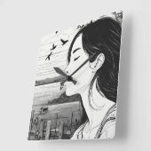 鳥の目を閉じた壁時計を見ている人 スクエア壁時計 (傾斜)