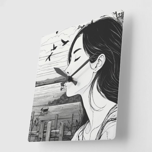 鳥の目を閉じた壁時計を見ている人 スクエア壁時計 (傾斜)