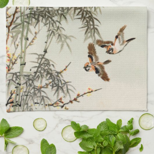 鳥の竹アジアの日本のヴィンテージ キッチンタオル (折り畳み)