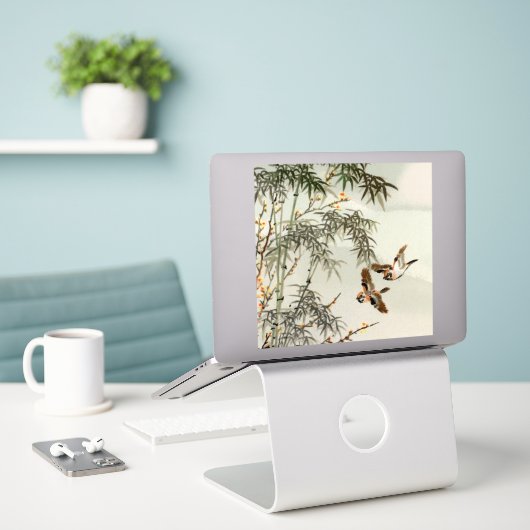 鳥の竹アジアの日本のヴィンテージ シール (デスク上のノートパソコン)