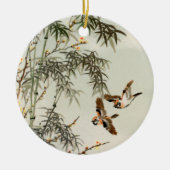 鳥の竹アジアの日本のヴィンテージ セラミックオーナメント (正面)