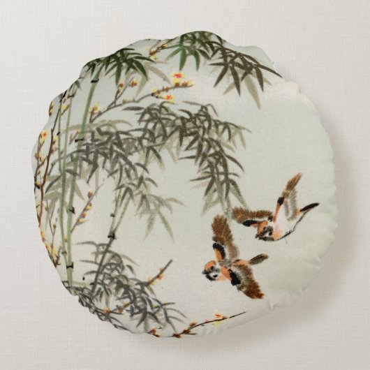 鳥の竹アジアの日本のヴィンテージ ラウンドクッション (裏面)