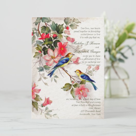 鳥の結婚式招待状とのヴィンテージの花柄 招待状 (スタンド正面)