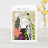 鳥の絵画の月の下の女性 カード (黄色い花)