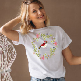 鳥の緑の葉とピンクの花の水色 Tシャツ
