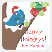 鳥の編み物の針糸クリスマスホリデーラベル スクエアシール (正面)