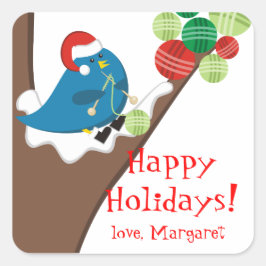 鳥の編み物の針糸クリスマスホリデーラベル スクエアシール