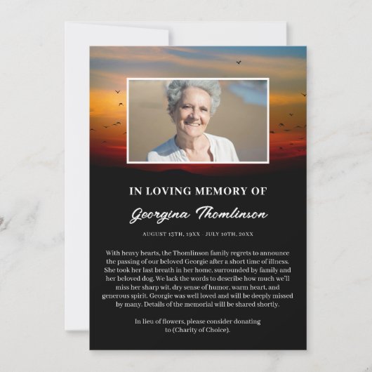 鳥の群れ日の出の写真死者発表 案内状 (正面)