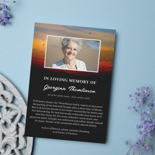 鳥の群れ日の出の写真死者発表 案内状