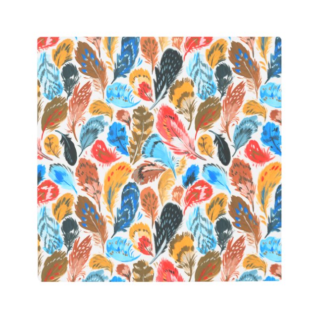 鳥の羽のある明るいパターン メタルプリント (正面)