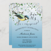 鳥の自然な退職のお誘い 青い花のデザイン 招待状 (正面/裏面)