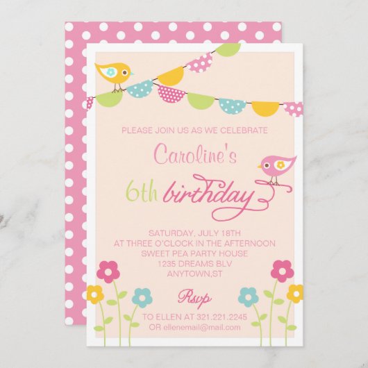 鳥の花および旗の女の子の誕生会 招待状 (正面/裏面)