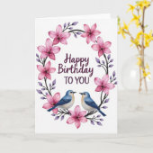 鳥の花の誕生日カード カード (黄色い花)