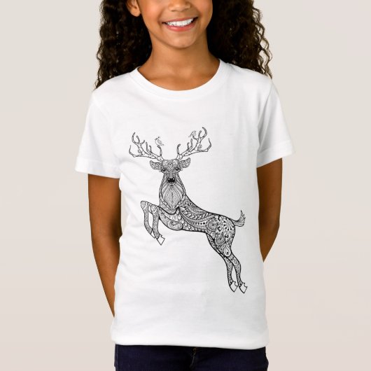 鳥の落書きの魔法の角状のシカ Tシャツ (正面)