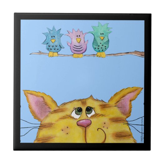 鳥の見張り猫が上の鳥を見る タイル (正面)