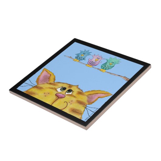 鳥の見張り猫が上の鳥を見る タイル (側面)