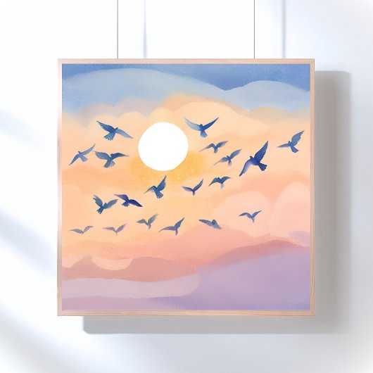 鳥の飛行 | 日没の自然の水彩画 ポスター
