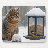 鳥の餌台を見つめるトラ猫 マウスパッド (正面)