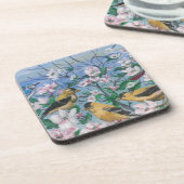 鳥の黄色いフィンチ開花 コースター (左側)