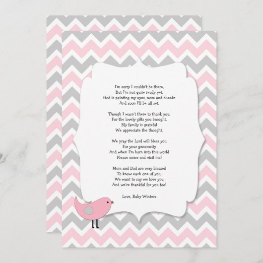 鳥はベビーシャワーが感謝していしている詩のピンクの灰色に注意します サンキューカード (正面/裏面)