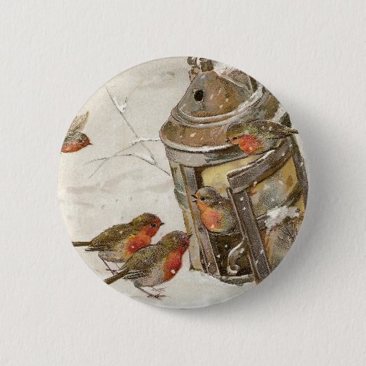 鳥はランタンのヴィンテージのクリスマスの避難所を見つけます 缶バッジ (正面)