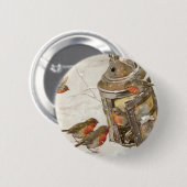 鳥はランタンのヴィンテージのクリスマスの避難所を見つけます 缶バッジ (正面&裏面)