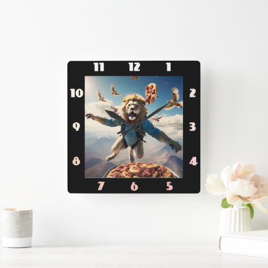鳥やピザを使ったライオンのスカイダイビング スクエア壁時計 (ホーム)