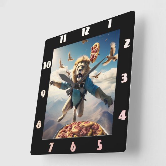 鳥やピザを使ったライオンのスカイダイビング スクエア壁時計 (傾斜)