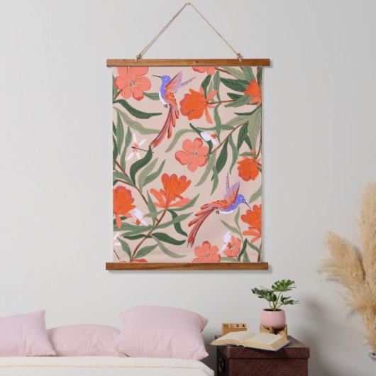 鳥や昆虫が植えられたザクロの庭 吊り下げ型タペストリー (寝室)