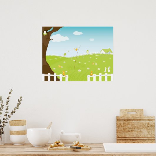 鳥や木を歌うかわいい風景 ポスター (キッチン)