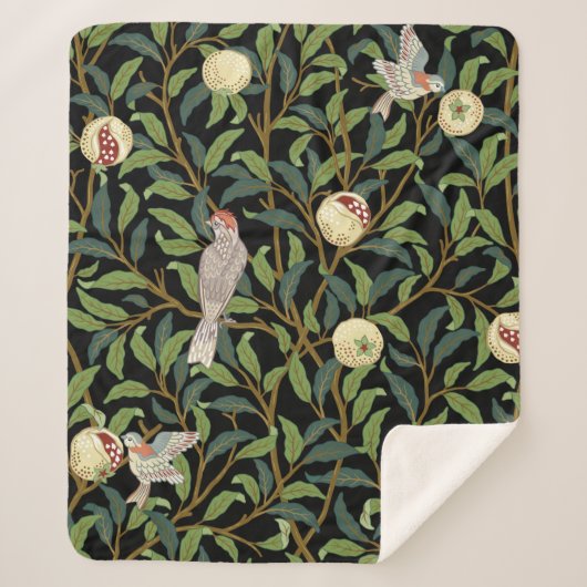 鳥や果実の海のある葉のヴィンテージの鳥 シェルパブランケット (正面)
