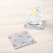 鳥や花が咲くピンクの背景 スクエアペーパーコースター (インサイチュ)