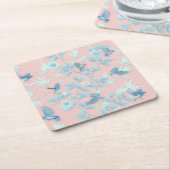 鳥や花が咲くピンクの背景 スクエアペーパーコースター (アングル)