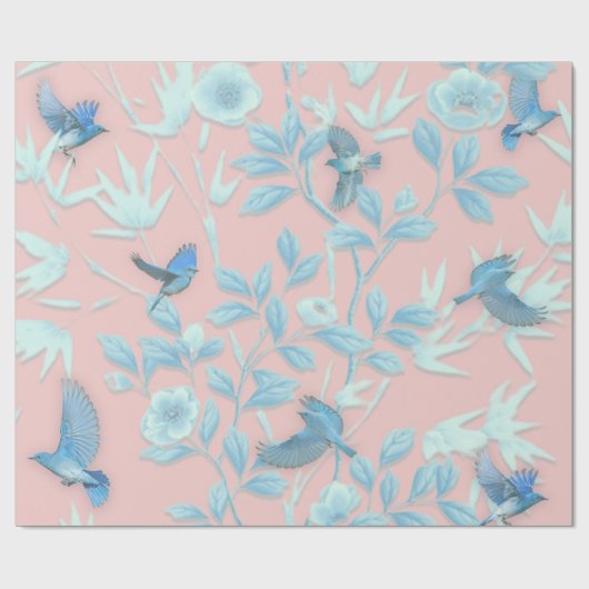 鳥や花が咲くピンクの背景 ラッピングペーパー (フラット)