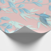 鳥や花が咲くピンクの背景 ラッピングペーパー (角)