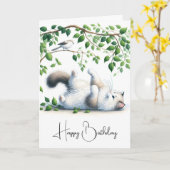 鳥よくはしゃぐ誕生日付き白猫 カード (黄色い花)