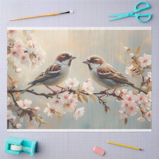 鳥をさくらんぼの花の枝の切り離し 薄葉紙 (クラフト)