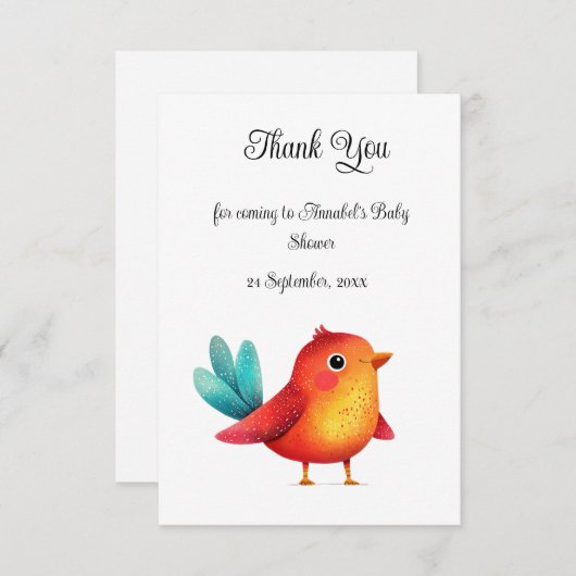 鳥をテーマにした赤ちゃんシャワーかわいい水色 サンキューカード (正面/裏面)