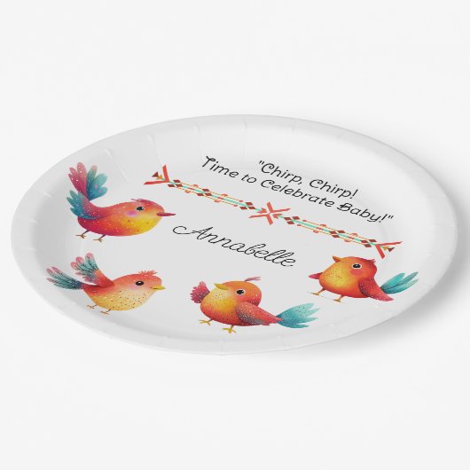 鳥をテーマにした赤ちゃんシャワーかわいい水色 ペーパープレート (アングル)