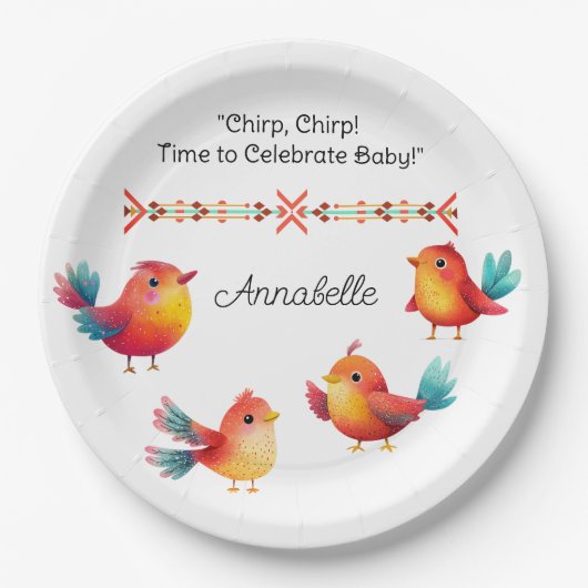 鳥をテーマにした赤ちゃんシャワーかわいい水色 ペーパープレート (正面)