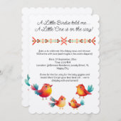 鳥をテーマにした赤ちゃんシャワーかわいい水色 招待状 (正面/裏面)