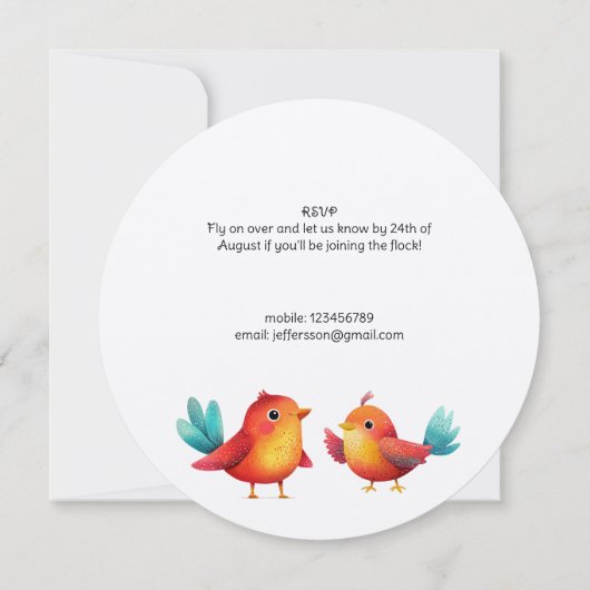 鳥をテーマにした赤ちゃんシャワーかわいい水色 招待状 (裏面)