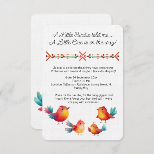 鳥をテーマにした赤ちゃんシャワーかわいい水色 招待状 (正面/裏面)