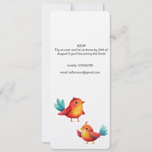 鳥をテーマにした赤ちゃんシャワーかわいい水色 招待状 (裏面)