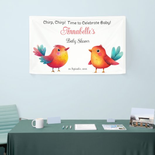 鳥をテーマにした赤ちゃんシャワーかわいい水色 横断幕 (トレードショー)