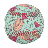 鳥を使ったモノグラム漫画の花柄 野球ボール (正面)